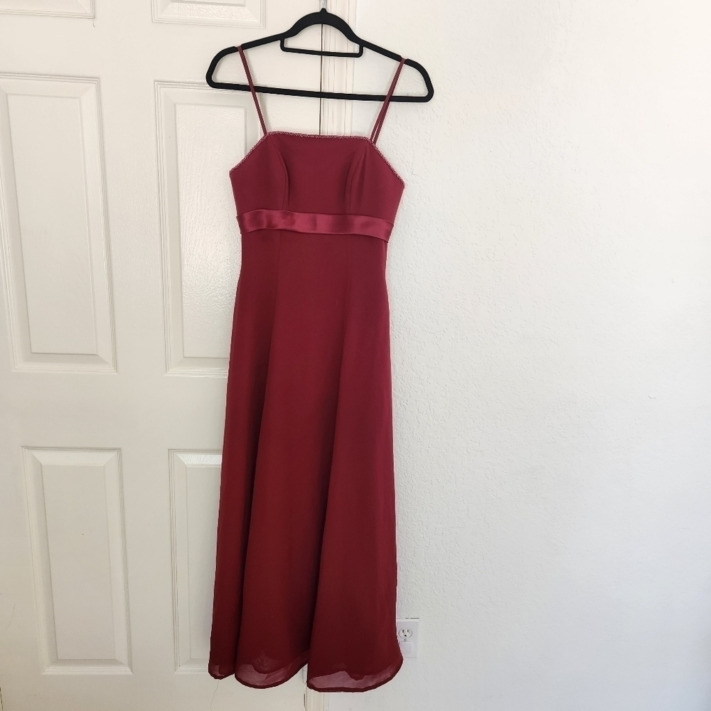 Red Silky Button Sequins Trim Midi Dress Small